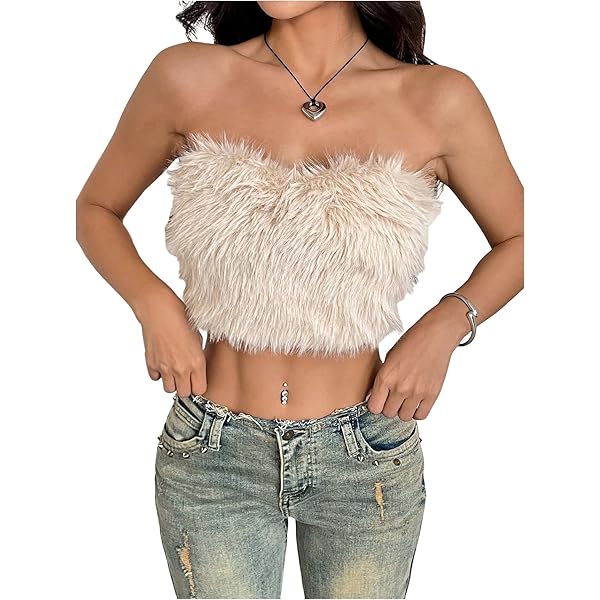 Sexy Tube Tops for Women Faux Feather Fur Strapless Back Zip Up